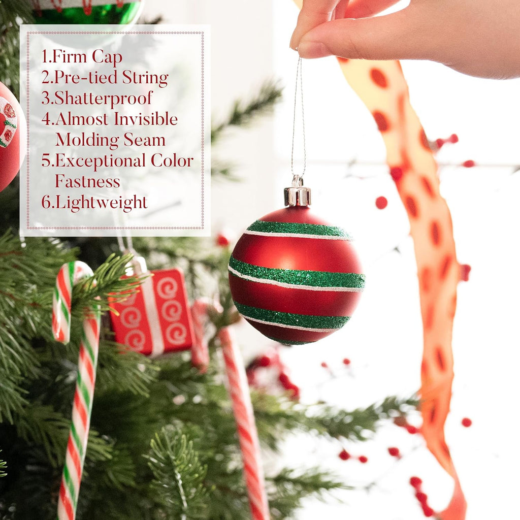 Valery Madelyn Christmas Tree Ornaments Set, 16ct Candy Cane Red Green White Shatterproof Christmas Tree Decorations Bulk, 2.36 Inch Decorative Hanging Ball Ornaments for Xmas Trees Holiday Decor