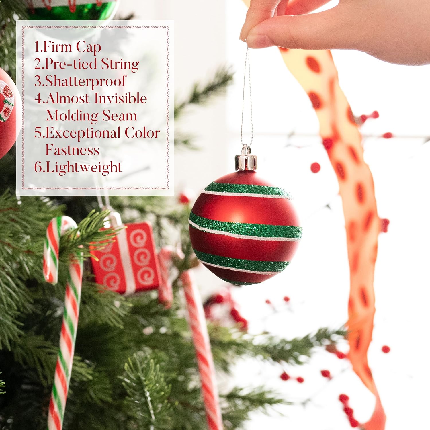 Valery Madelyn Christmas Tree Ornaments Set, 16ct Candy Cane Red Green White Shatterproof Christmas Tree Decorations Bulk, 2.36 Inch Decorative Hanging Ball Ornaments for Xmas Trees Holiday Decor