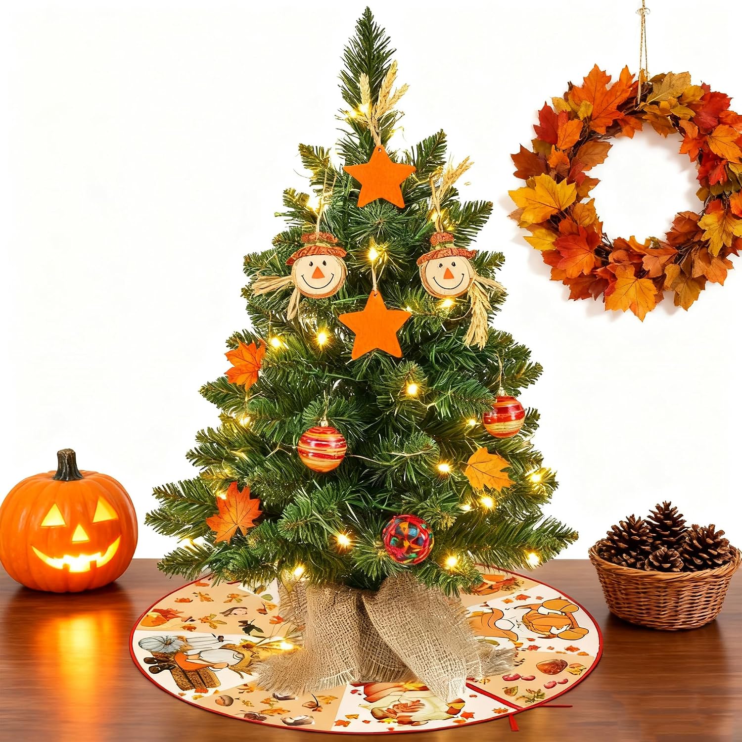 15 Inch Mini Halloween Tree Skirt Fall Thanksgiving Day Tree Skirt Small Reversible Double Sided Print Mat Holiday Party Supplies for Home Tabletop Christmas Tree Decoration