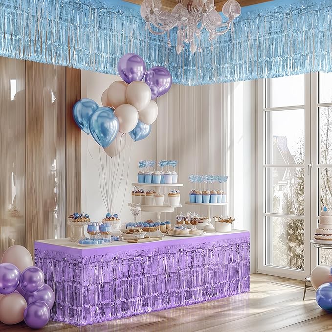 2 Pack Light Blue Light Purple Table Skirts, 29x108" Metallic Foil Tinsel Fringe Table Skirt for Rectangle Tables Streamer Curtains Backdrop, Party Decorations for Birthdays, Weddings, Holidays