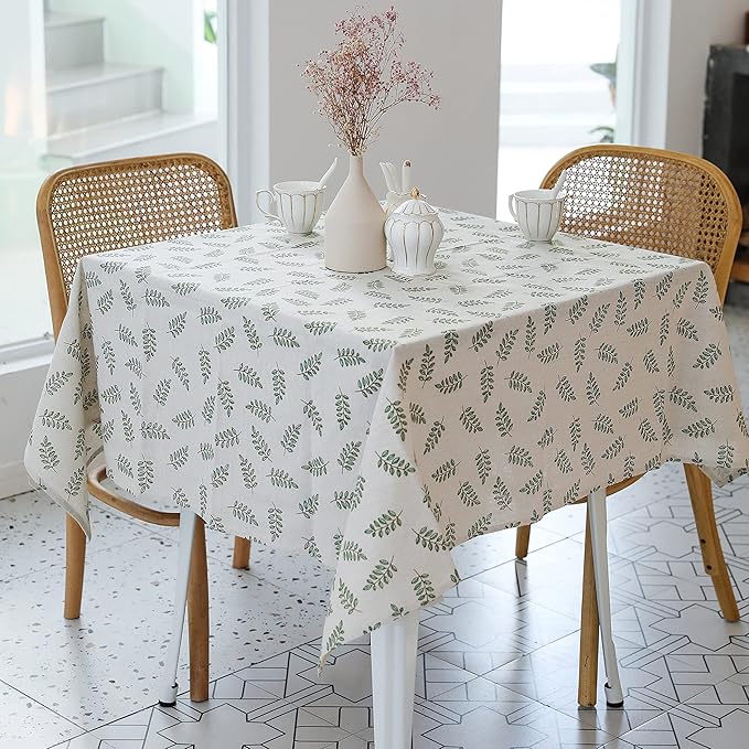 Pastoral Square Tablecloth - 52 x 52 Inch - Beige Linen Table Cloth - Washable Table Cover with Dust-Proof Wrinkle Resistant for Restaurant, Picnic, Bistro, Indoor and Outdoor Dining, Green Leaf