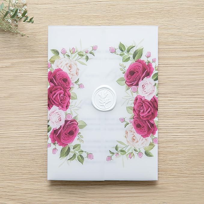 PONATIA 50PCS Vellum Jackets for 5x7 Invitation Cards- 135GSM Fuchsia Flowers Vellum Sleeves Paper 5x7 Jackets - Wedding Invitations Wraps - Transparent Card Jacket