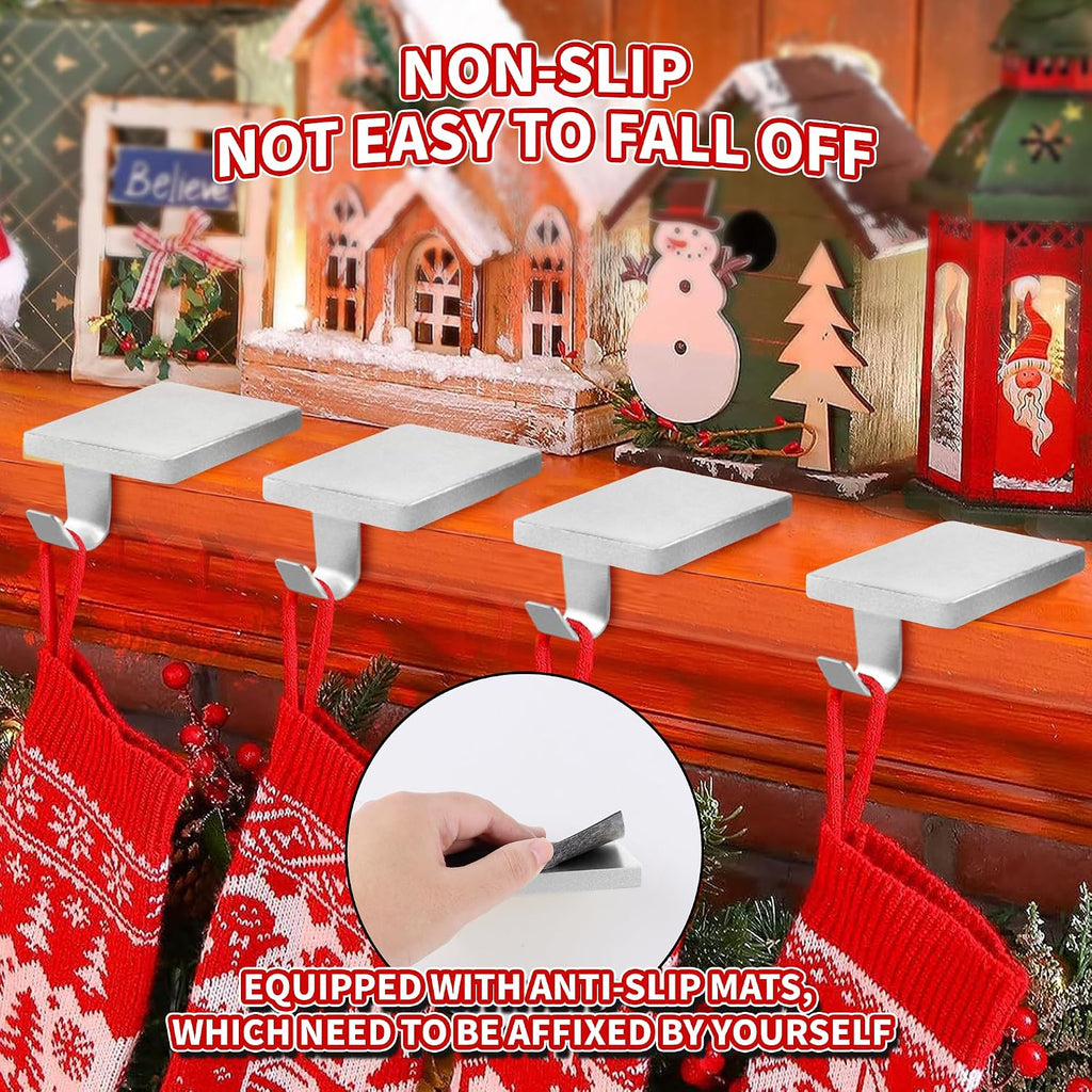 4 Pcs Christmas Stocking Holders, Mantel Stocking Hangers Metal Hanging Hooks with Protective Pads for Xmas Holiday Counter Window Home Table Silver