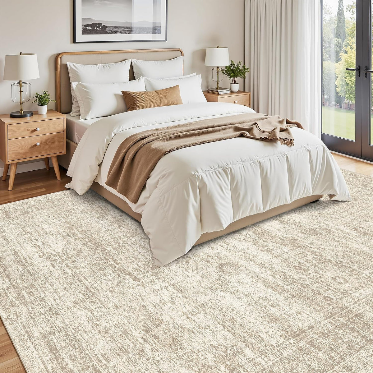 Soalmost 9x12 Area Rugs for Living Room Washable Print Rug Non-Slip Beige