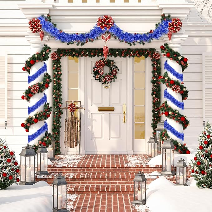 32.8 Ft Blue Christmas Tinsel Garland Metallic Shiny Tassle Banner Wall Hanging Tinsel Streamers Backdrop for Christmas Holiday Birthday Party Supplies Indoor Outdoor Ornaments Home Decor