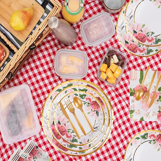 280 Pcs Thanksgiving Floral Paper Plates And Napkins Party Supplies - Bridal Shower Floral Plates,Flower Cups, Forks, Knives And Spoons, Napkins, Straws For Birthdays, Parties And Tea Parties