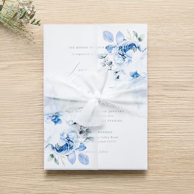 PONATIA 50PCS Vellum Jackets for 5x7 Invitation Cards- 135GSM Light Blue Floral Printed Vellum Sleeves, Quinceanera Wedding Invitation Cards Wraps, Transparent Christmas Gift Cards Jackets