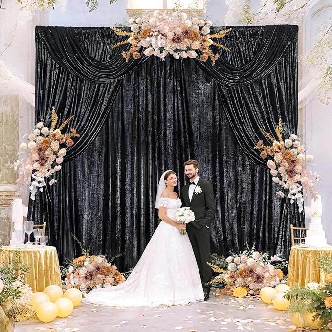 9.6x8FT Black Sequin Curtains: Photo Backdrop Drapes 2 Pieces 4.8x8FT Birthday Backdrop for Hallween Decorations Arch Backdrop