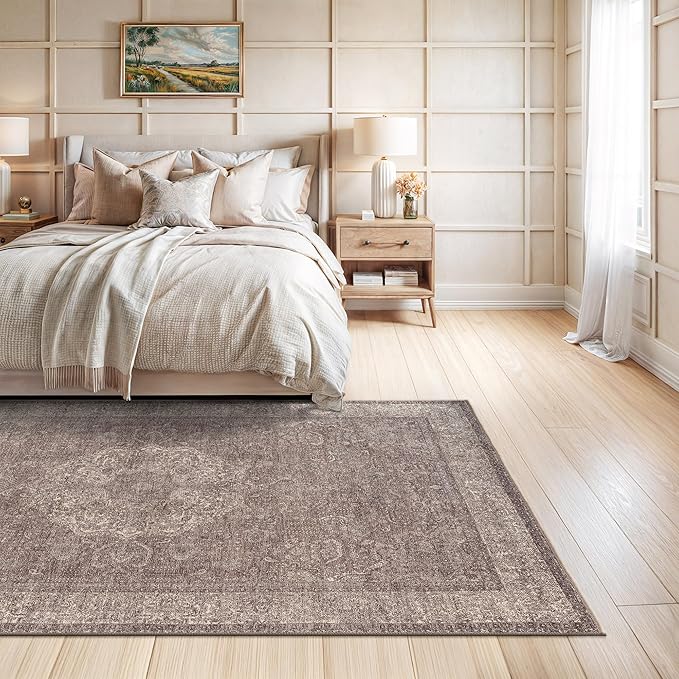 Bloom Rugs Washable Non-Slip 6' x 9' Rug - Taupe/Beige Traditional Medallion Area Rug for Living Room, Bedroom, Dining Room, and Kitchen - Exact Size: 6' x 9'