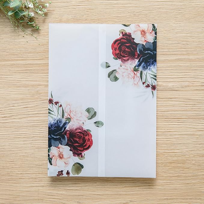 PONATIA 50 PCS 135gsm Vellum Jackets for 5x7 Invitation Cards - Burgundy and Navy Blue Flowers Printed Vellum Sleeves, Wedding Invitation Cards Wraps, Transparent Christmas Gift Cards Jackets