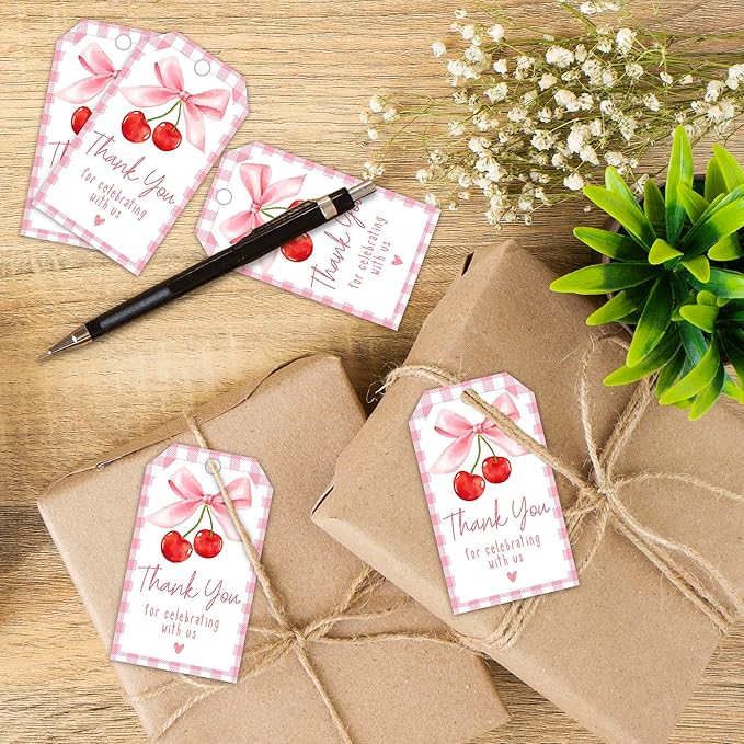 Cherry Gift Tags, 2x3.5 Inch Pink Bow Gift Tags, 50Pcs Thank You for Celebrating with Us Label, Paper Personalized Design Labels for Wrapping Party Favor-A12