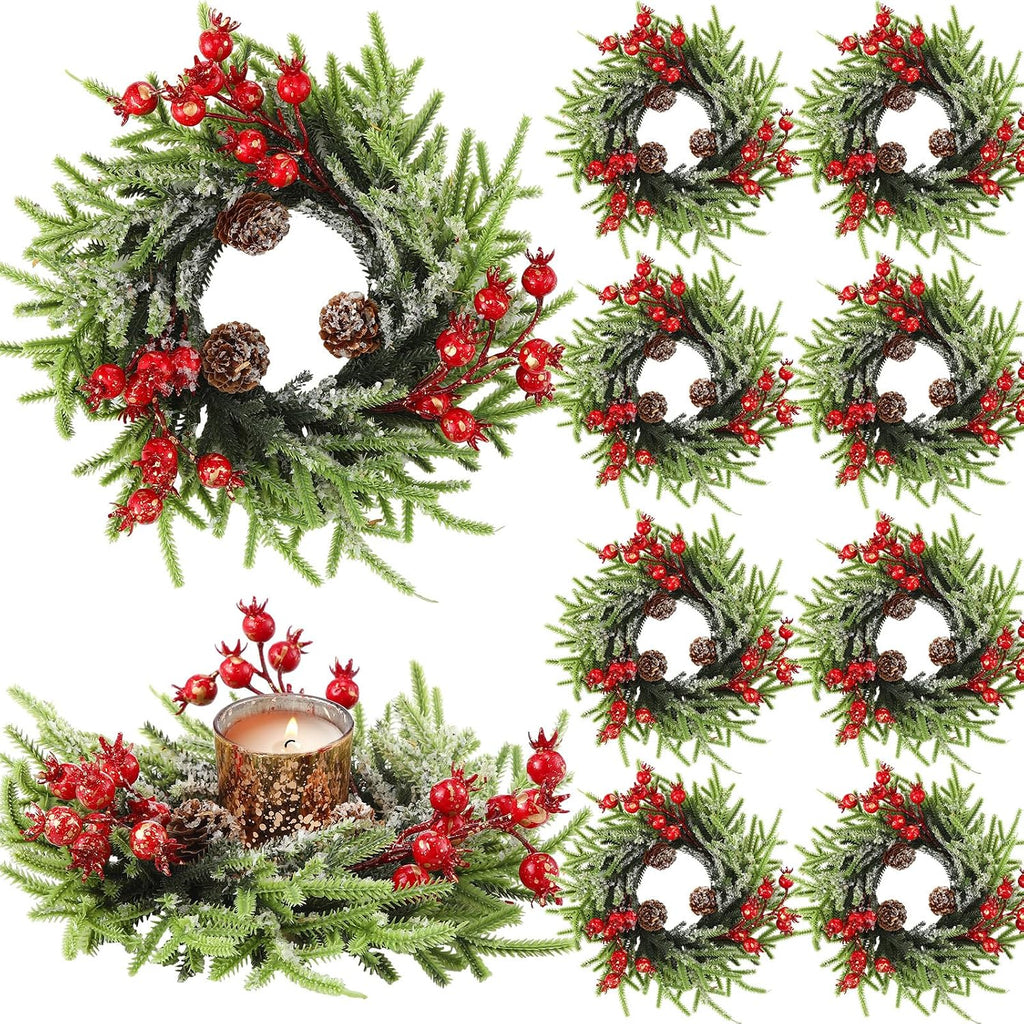 8 Pcs Christmas Candle Rings - 10 Inch Artificial Berries Pine Cone Wreaths for Pillar Table Centerpiece Decoration - Rustic Holiday Wedding Holder