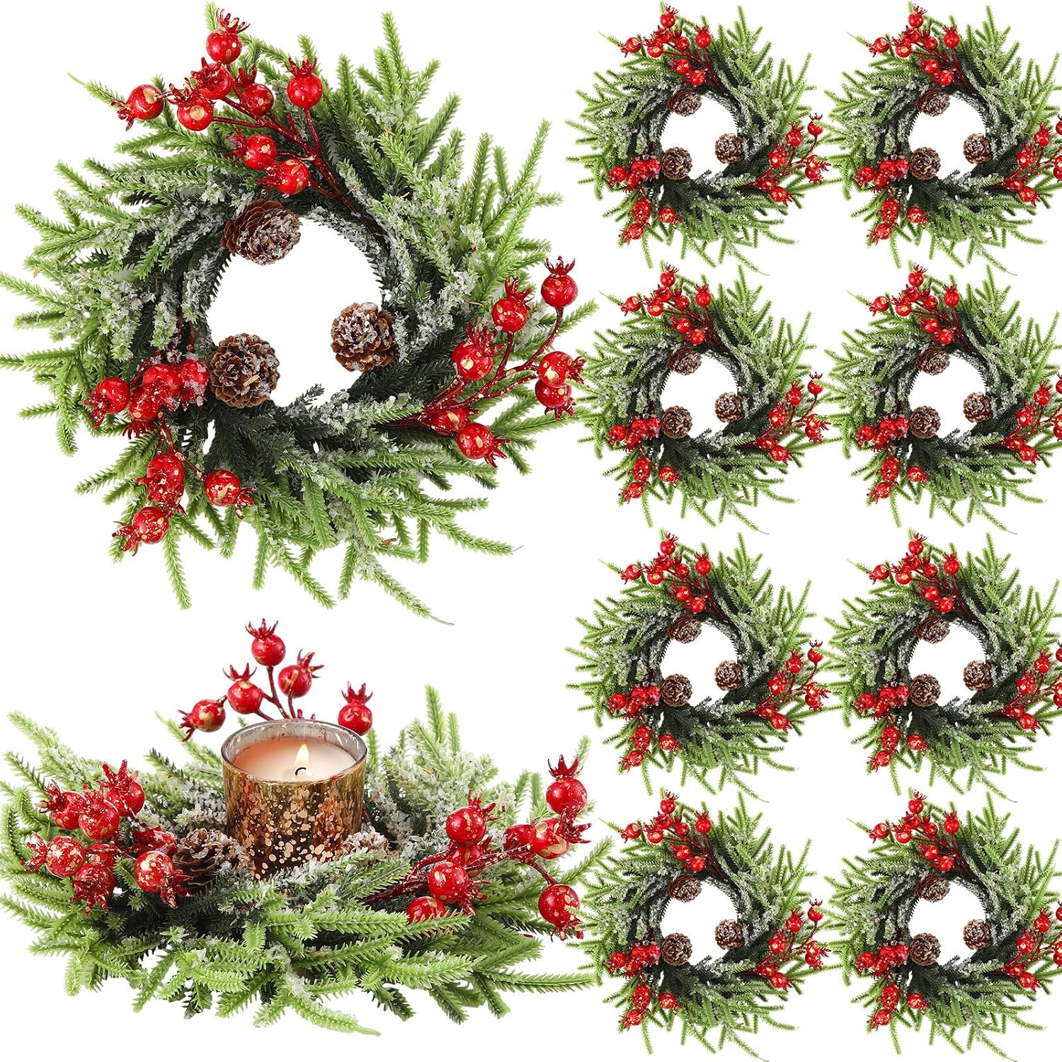 8 Pcs Christmas Candle Rings - 10 Inch Artificial Berries Pine Cone Wreaths for Pillar Table Centerpiece Decoration - Rustic Holiday Wedding Holder