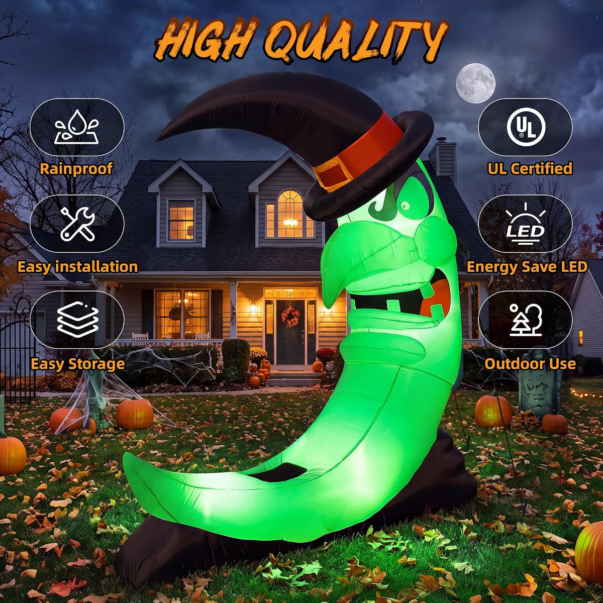 9ft green witch moon halloween inflatables outdoor decorations, side view