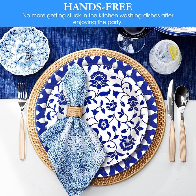 90 Pcs Paper Plates 8 Inch Bulk Thick Heavy Duty Disposable Plates Printed Blue and White Plate for Party, Wedding, Birthday, Tea, Picnic Barbecue, Everyday Use, Soak Proof, Cut Proof