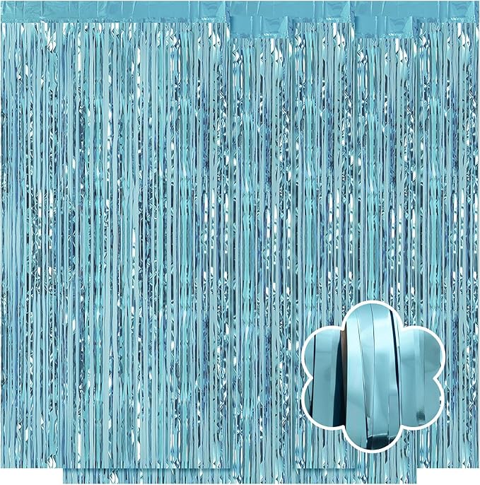 5 Pack Blue Foil Curtain Backdrop 3.2ft x 9.8ft Metallic Tinsel Foil Fringe Curtains Streamer Photo Booth Backdrop for Birthday Party Engagement Bachelorette Party Decorations (Light Blue)