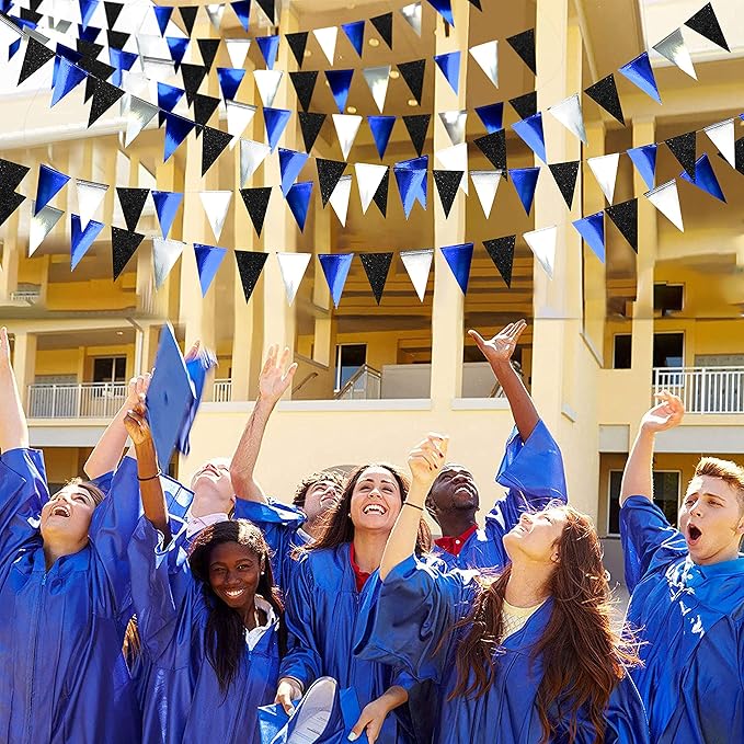 30Ft Navy Blue Black and Silver Party Decorations Royal Blue Triangle Flag Pennant Banner Bunting for Graduation Birthday Wedding Bridal Shower Nautical Ahoy Achor Theme Party Decorations Supplies
