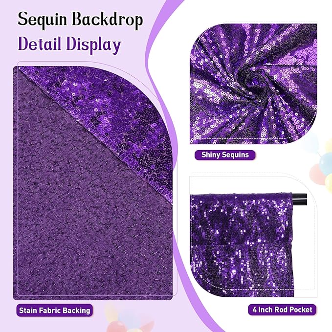 SquarePie Sequin Backdrop Curtain Not See Through Thick Glitter Background for Party 6FT x 8FT Purple