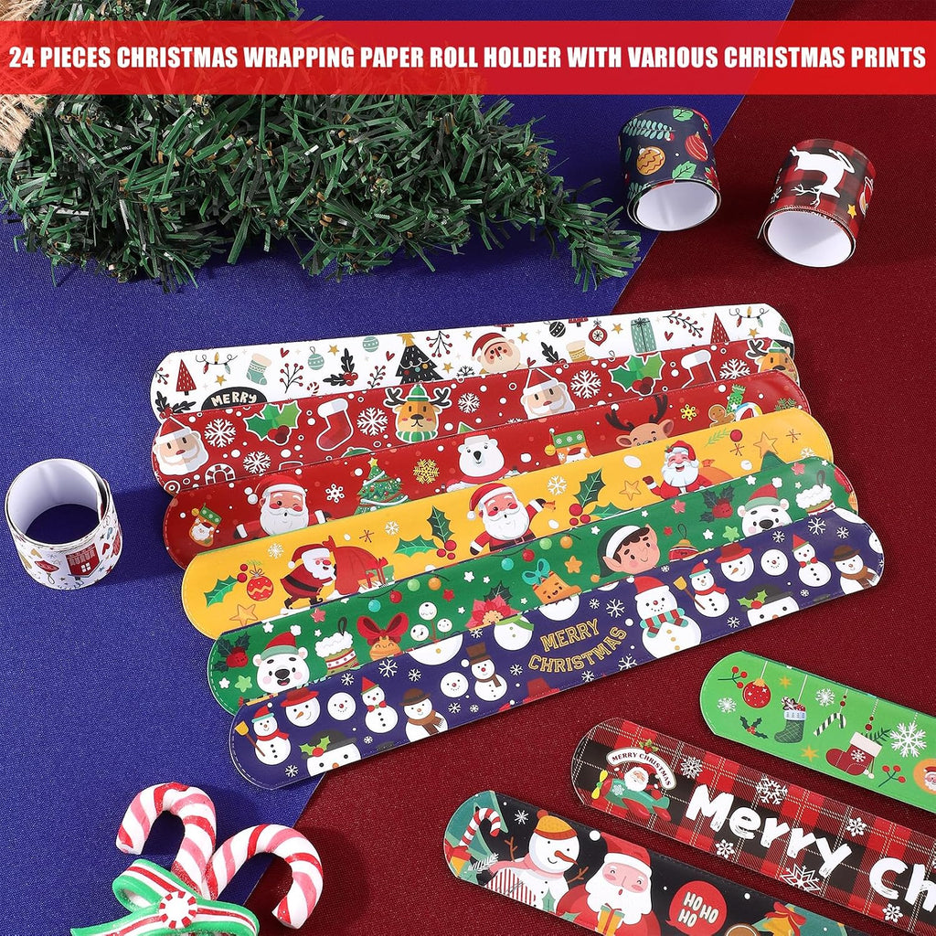 XIHIRCD 12pcs Christmas Wrapping Paper Roll Holder Clips, 8.7x1.2in Holiday Flip Wraps Clamps 12 Designs Stabilizer Slap Bands Gift Strips Flip Gadgets for Xmas Poster Wrapping Organization Storage