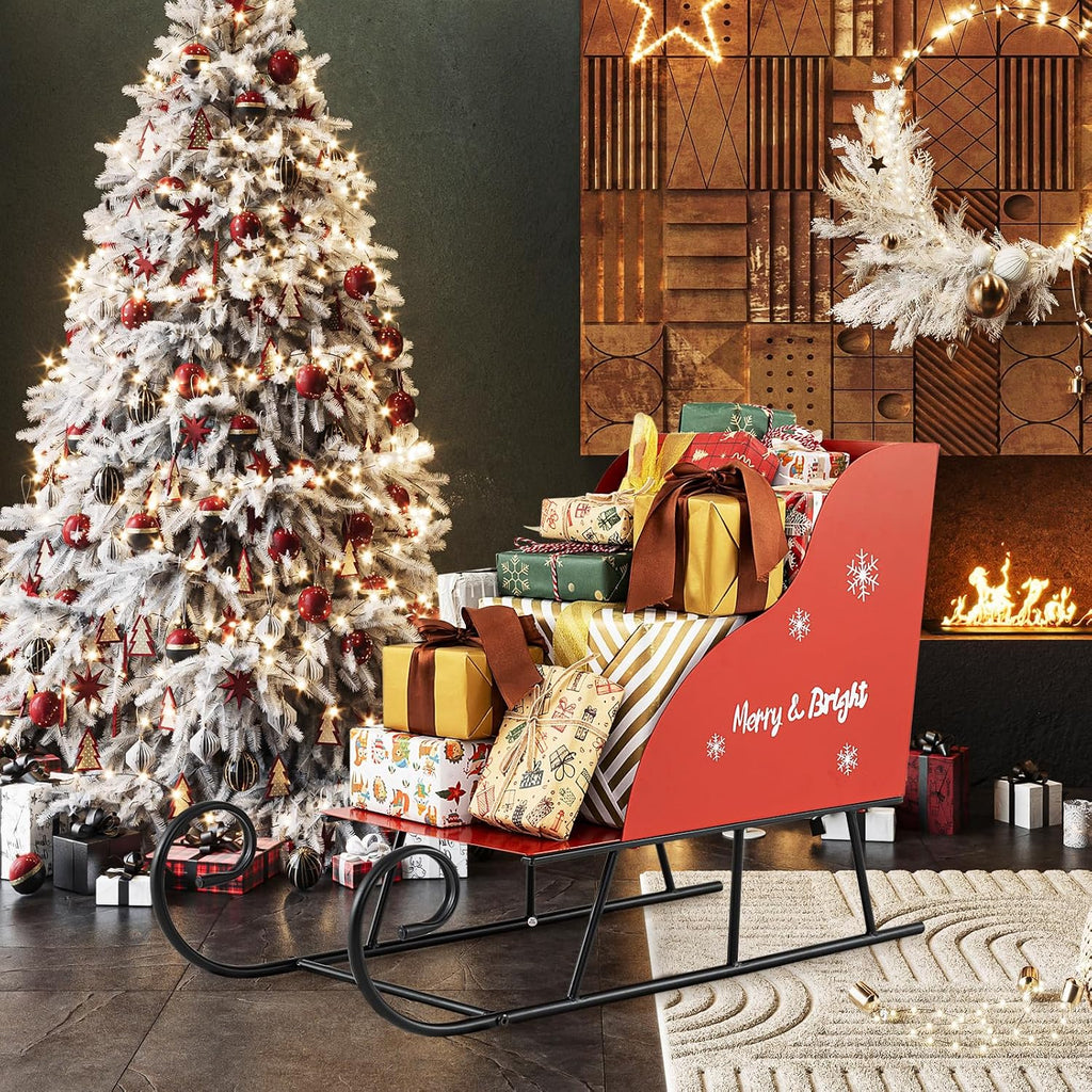Metal Christmas Santa Sleigh Basket, Red Christmas Sleigh Decoration for Gift Storage, Santa’s Gift Sleigh for Holiday Displays, Festive Decorative Sleigh Cart for Indoor Outdoor Home Party
