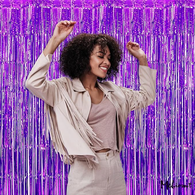 4 Pack Purple Fringe Curtain Backdrop, 3.2Ft x 6.6Ft Metallic Tinsel Foil Fringe Streamers Curtains Background for Photo Booth Birthday Wedding Baby Shower Party Thanksgiving Christmas Decorations