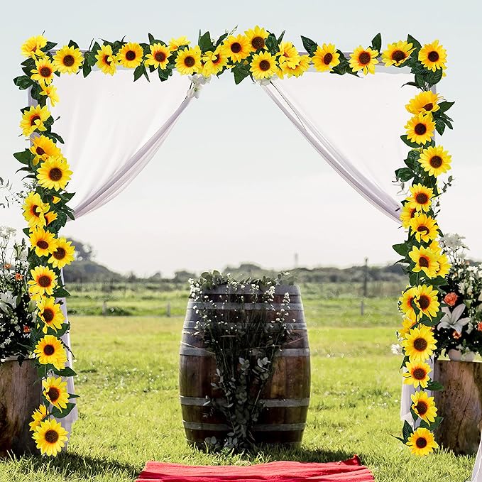 Uieke 3 Pack Artificial Sunflower Garland, 7.5ft/Strand Silk Sunflowers Hanging Vines Flowers with Green Leaves for Room Kitchen Garden Birthday Wedding Baby Shower Party Table Decor Large