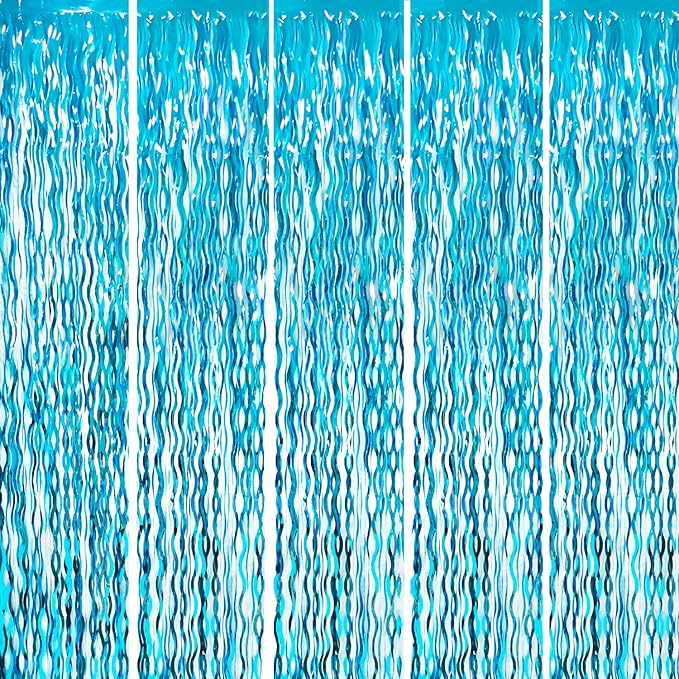 GOER 3.2 ft x 6.5 ft Metallic Tinsel Foil Fringe Curtains Party Photo Backdrop Party Streamers for Birthday,Graduation,New Year Eve Decorations Wedding Decor (5 Pcs,Wavy Light Blue)