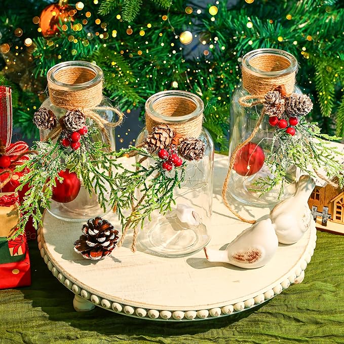 Set of 3 Xmas Decor Vases Christmas Centerpieces for Tables Farmhouse Holiday Table Decor Clear Glass Vases with Twine Ties for Christmas Decorations