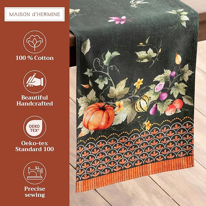 Maison d' Hermine Table runner 100% Cotton Double Layer Table Runners 72 inches long for Thanksgiving Christmas Decorations Home Kitchen Dining Party Wedding (Pumpkin Garden - Dark Green, 14.5" x 72")