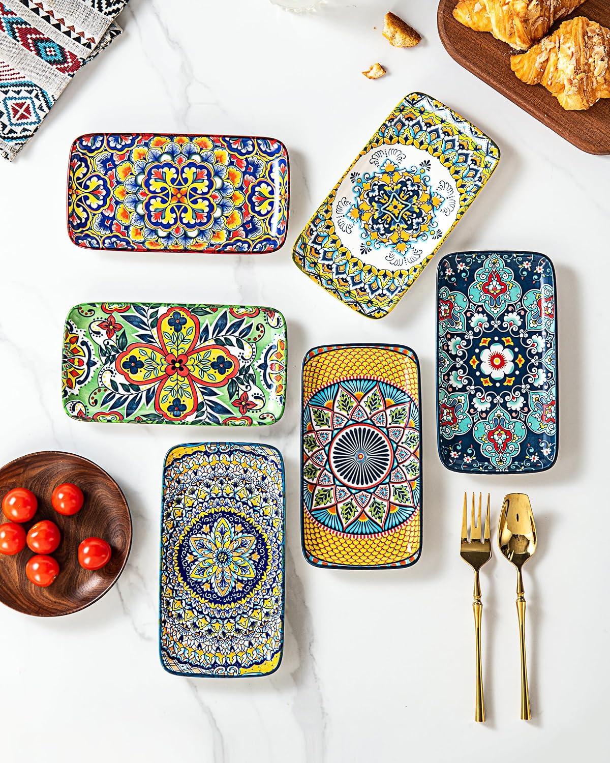 Boho Ceramic Rectangular Appetizer & Sushi Plates Set of 6, 8 Inch