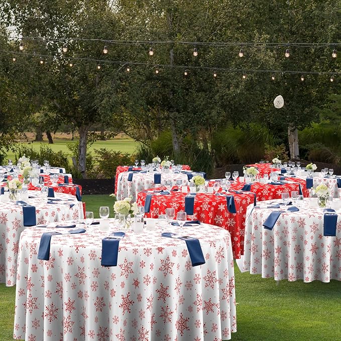 Jectivs 12 Pieces Christmas Snowflake Plastic Party Tablecloth Decorations,84 inch Disposable White Red Round Snowflake Xmas Table Cover Backdrop for Winter Christmas Holiday New Year Party Supplies