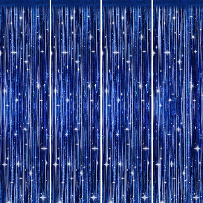 Picoway 4 Pack Foil Fringe Tinsel Backdrop Curtains, Birthday Engagement Bachelorette Party Decorations, Photo Booth Props Door Streamers Curtain (Blue)