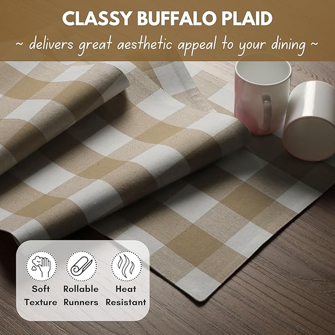 Native Fab Table Runner Buffalo Check Plaid 100% Cotton - 13x108 Inches Kitchen Dining Table Decoration for Indoor Outdoor Farmhouse Home Party Decor - Beige and White