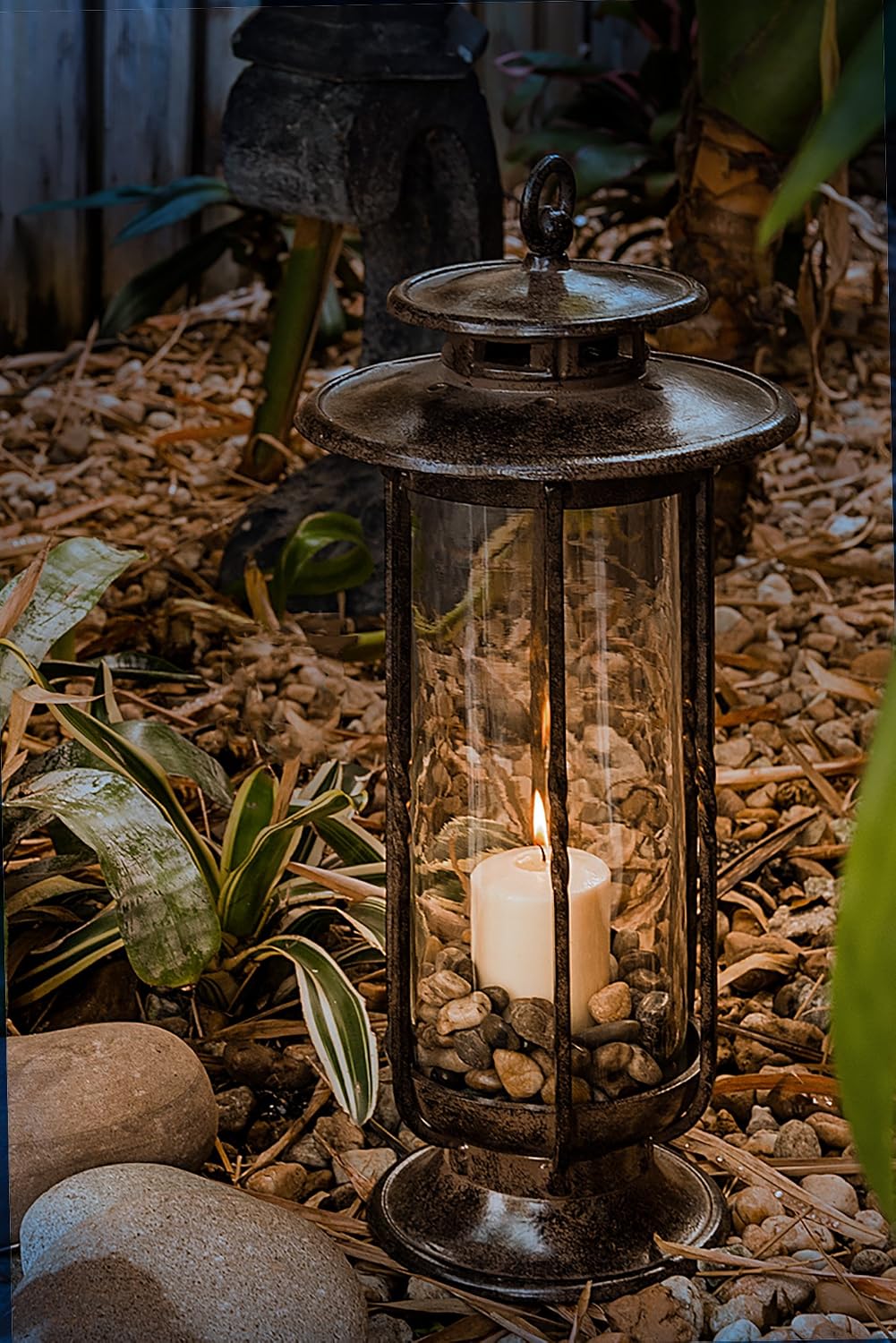 H Potter Cast Iron Lantern, 19" Tall, Glass Hurricane, Rustic Brown Finish | Indoor Outdoor Decroative Candle Lantern, Patio, Porch, Garden & Indoor Decor