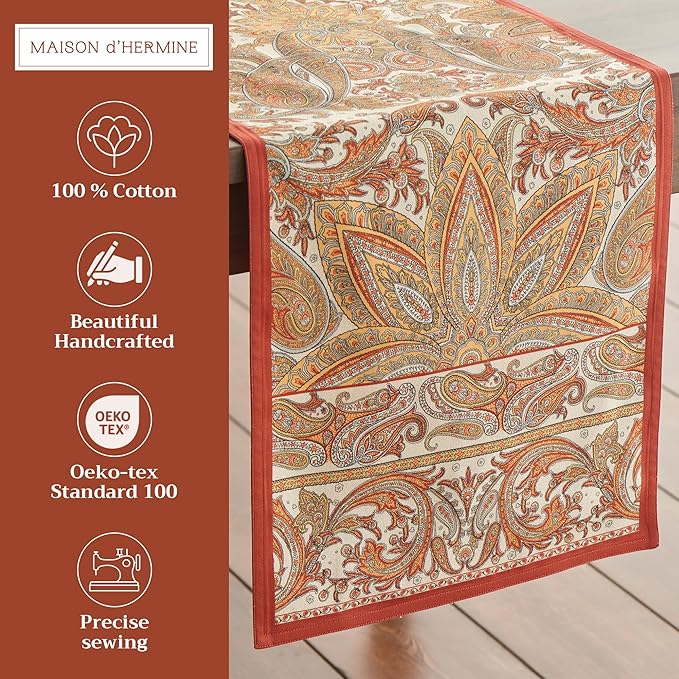Maison d' Hermine Table Runner 100% Cotton Double Layer Table Runners 108 inches Long for Thanksgiving Christmas Decorations Home Kitchen Dining Party Wedding (Kashmir Paisley, 14.5" x 108")
