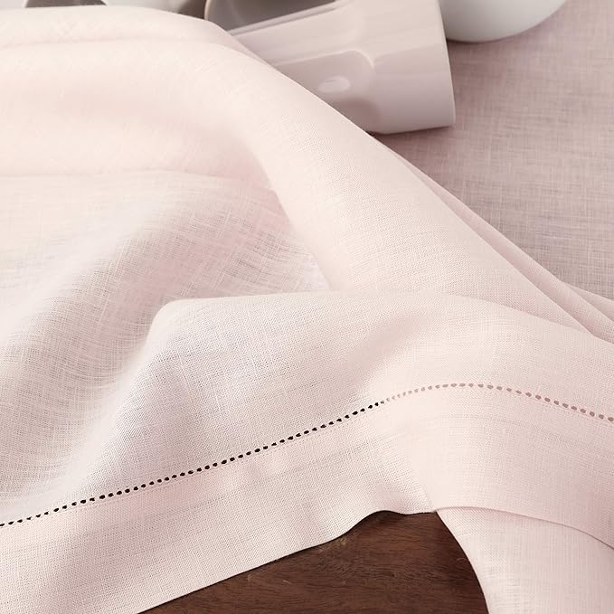 Solino Home Linen Tablecloth 60 x 144 Inch - Classic Hemstitch 100% Pure Linen Pink Table Cloth for Rectangle Tables - Machine Washable Tablecloth for Halloween
