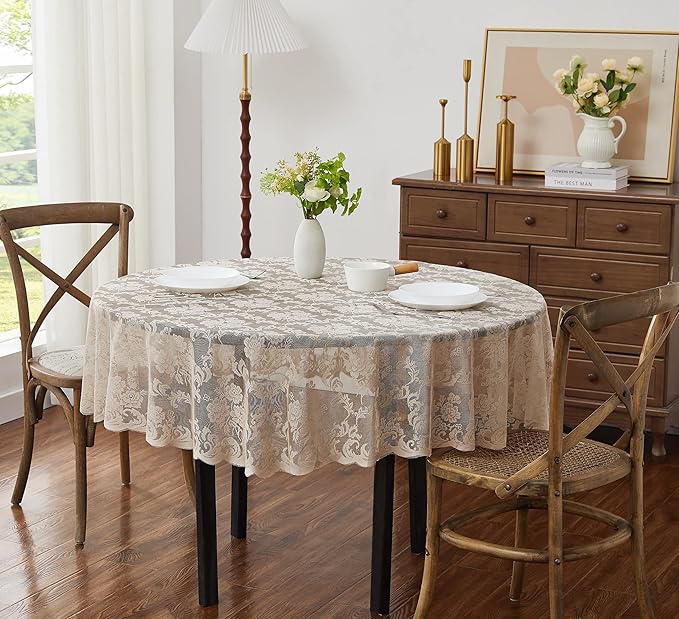 LinenZone Extra Large Linen Round Tablecloth for Rustic Vintage Decor. Sheer Lace Table Cloth Works Great As Wedding Tablecloth or Thanksgiving Table Cover. (Mia 120 Round, Linen)