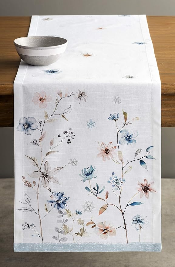 Maison d' Hermine Table Runner 100% Cotton Single Layer Table Runners 60 inches Long Decorative for Home Kitchen Dining Party Baby Shower Wedding Bridal Shower (Ice Florals, 14.50" x 60")