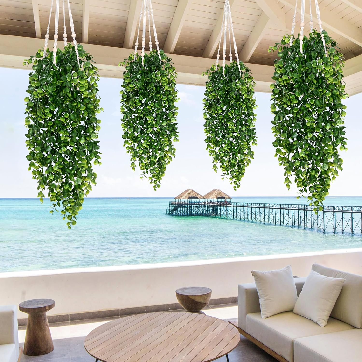 Waipfaru 4Pcs Fake Hanging Plants 2.7ft Fake Plants Eucalyptus Leaves UV Resistant Fake Vines Ivy Artificial Plants Outdoor Faux Plants Indoor Bedroom Living Room Boho Wall Porch Shelf Decor