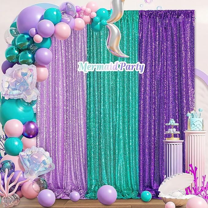 Backdrop Curtains for Mermaid Party Decor - 4 Panels 2FT x 8FT Lake Green Sequin Background Drapes for Wedding Bridal Birthday Party