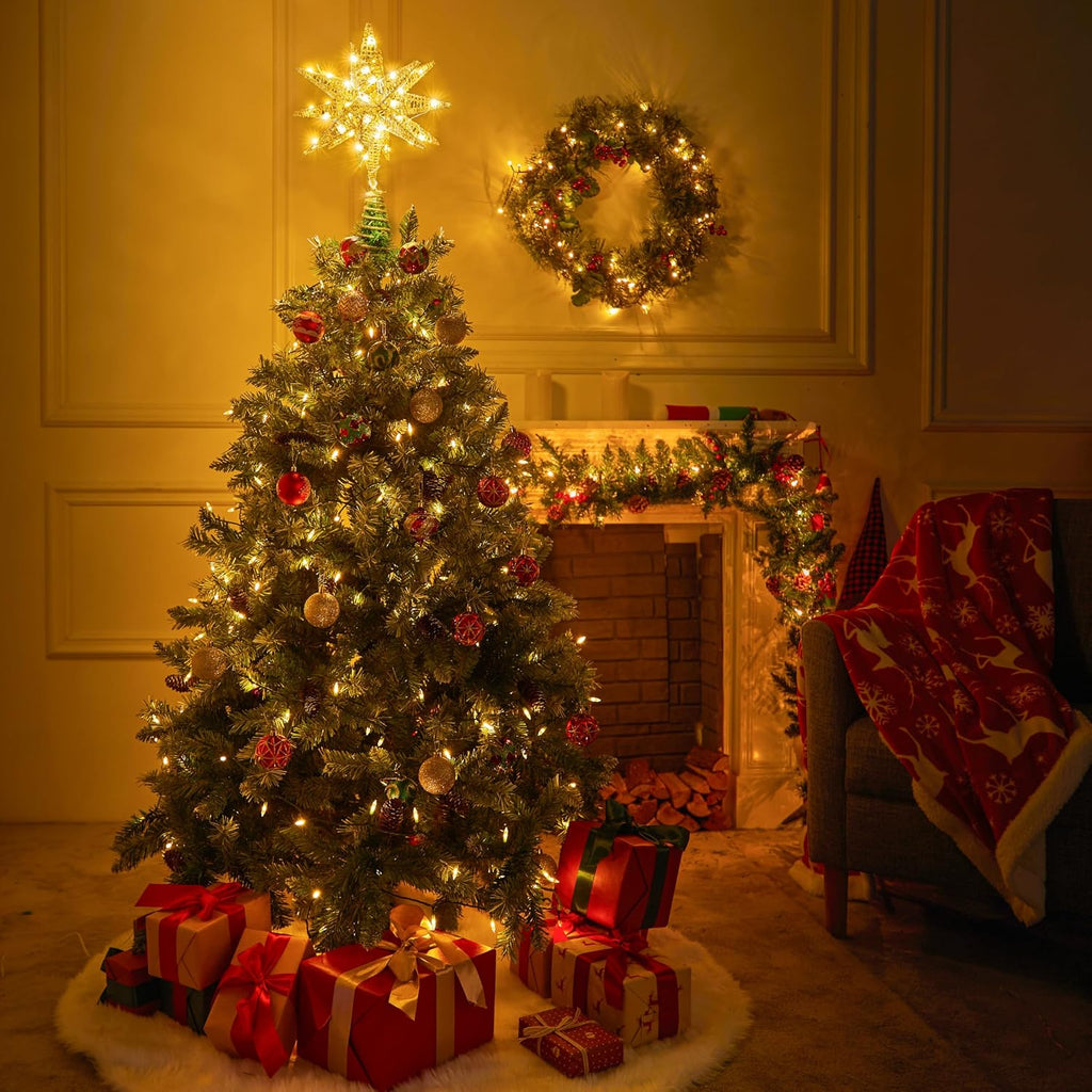 JOIEDOMI 7.8" Metal 3D Star Christmas Tree Topper Golden Glitter Decorations with 56 LED Warm White with Plug Timer Ornaments Treetop Home Holiday Party Indoor Decor