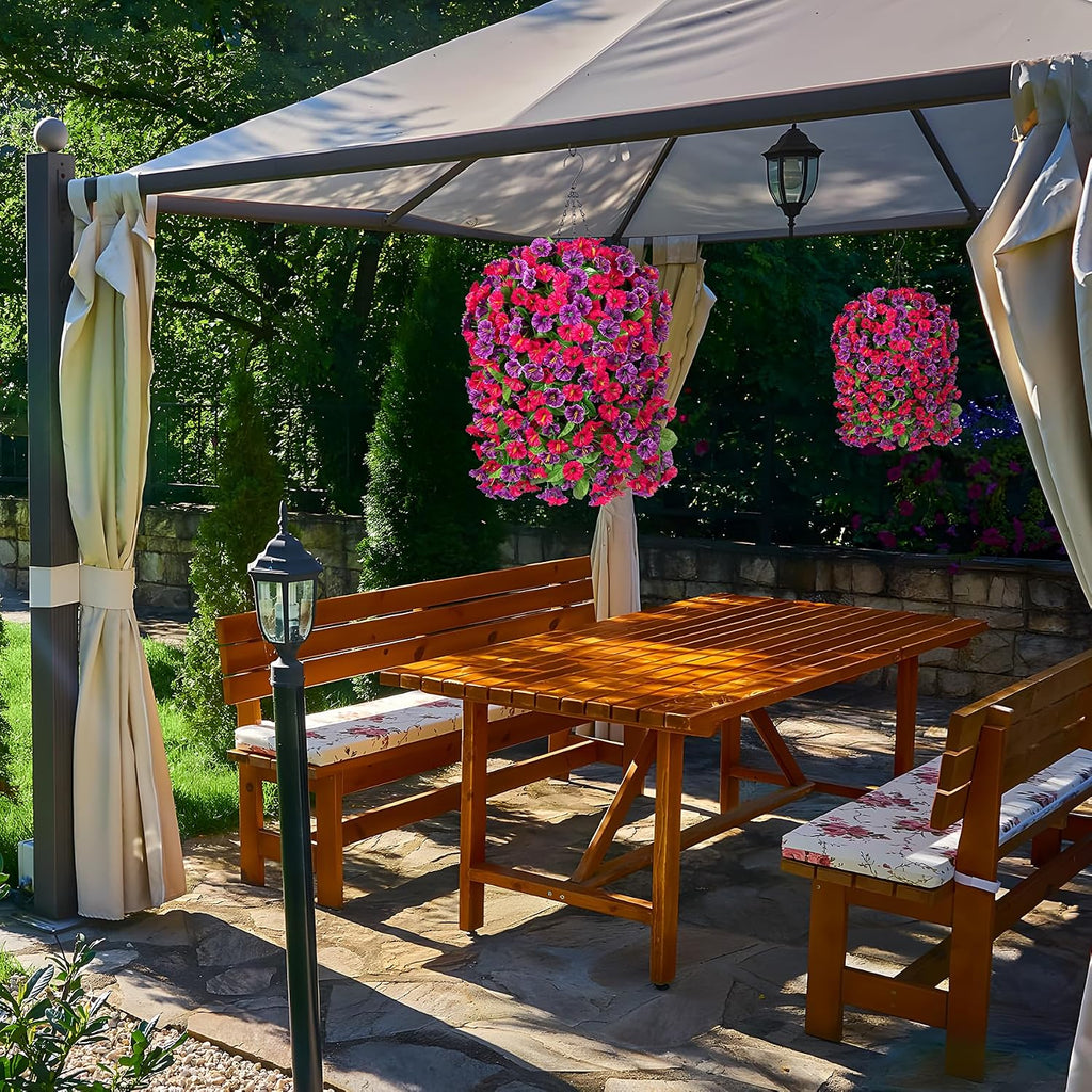 artificial flowers with hanging basket, outdoor faux plants showing dimensions
