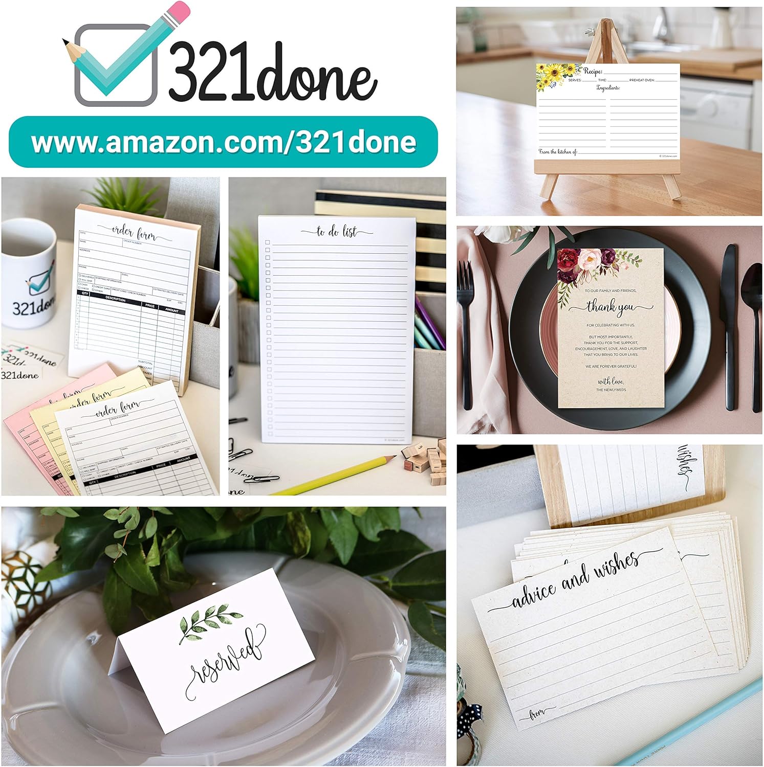 321Done Thank You Place Setting Card with Love, Thank You for Celebrating with Us, 4x6 Table Placecards for Wedding, Watercolor Florals on White, Made in USA, 50-Pack