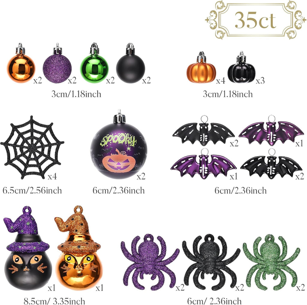 Valery Madelyn 35ct Halloween Ornaments Shatterproof Tree Decoration Indoor | Cats Jack-o'-Lantern Pumpkin Vintage Variety Hanging Ball Ornaments Set for Small Tree, Cute Holiday Party Home Decor