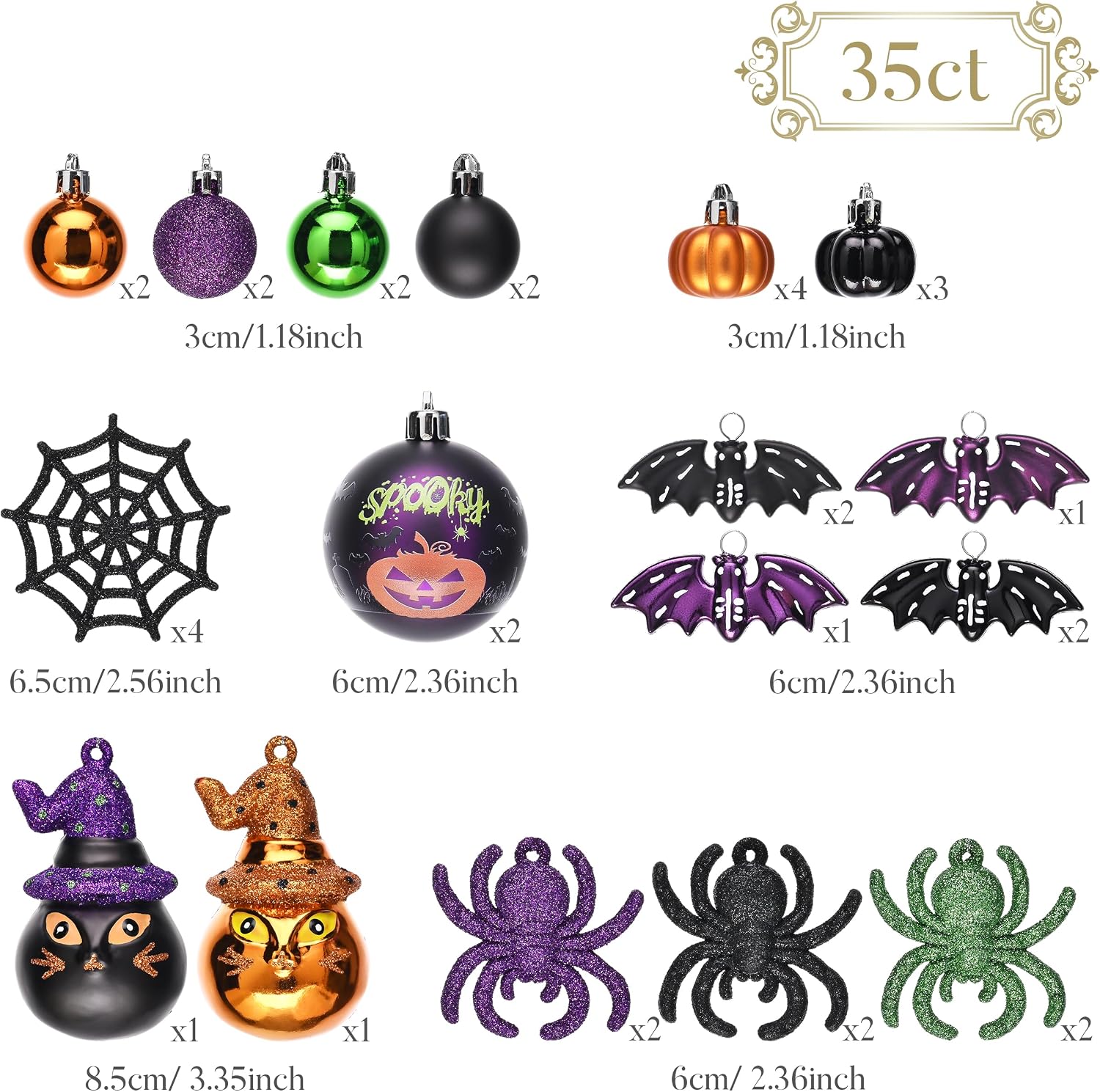 Valery Madelyn 35ct Halloween Ornaments Shatterproof Tree Decoration Indoor | Cats Jack-o'-Lantern Pumpkin Vintage Variety Hanging Ball Ornaments Set for Small Tree, Cute Holiday Party Home Decor