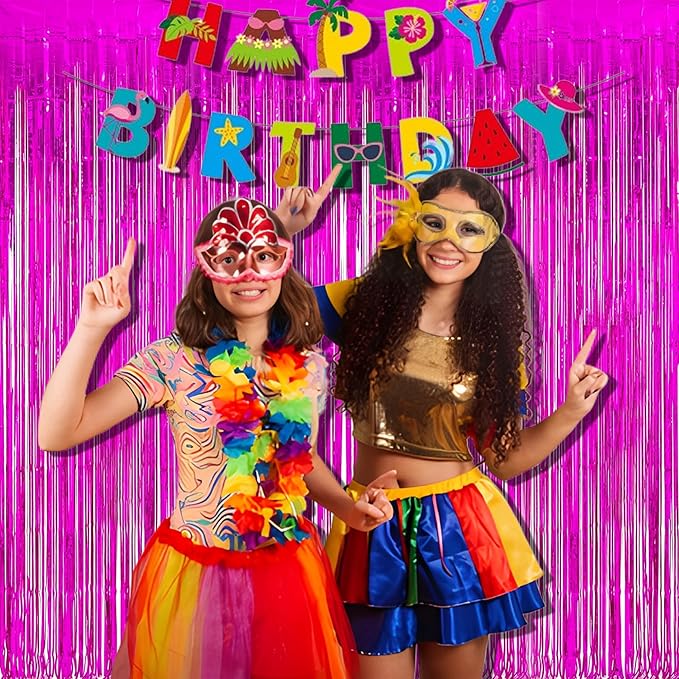 Foil Fringe Curtain Party Decorations - Hot Pink Photo Backdrop Tinsel Steamers Curtains for Tropical Hawaiian Theme Birthdays Christmas Valentine Bachelorette Parties