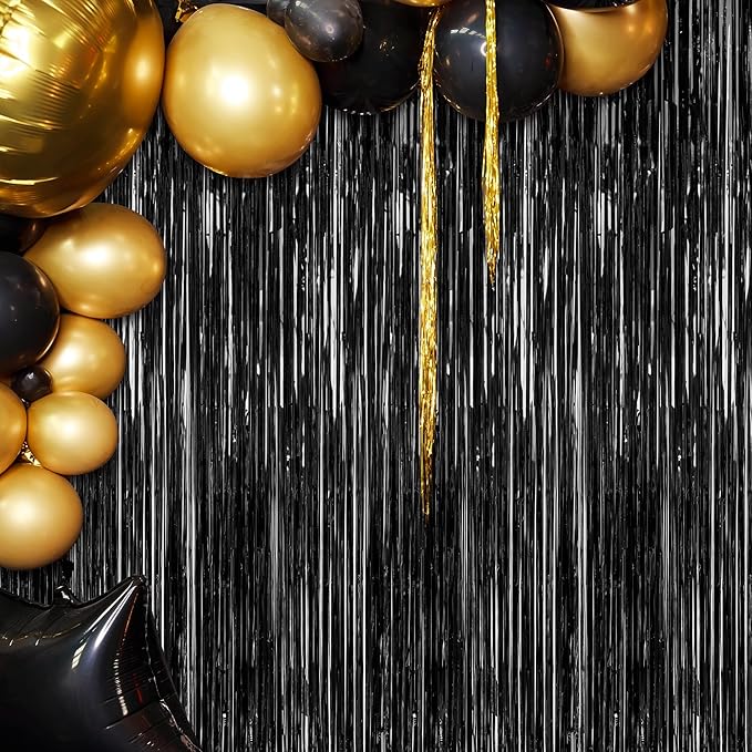 2 Pack 2025 Graduation Party Decorations, 3.28 FT x 7.05 FT Black Backdrop, Metallic Graduation Photo Backdrop Fringe Curtains Tinsel Backdrop Foil Streamer, Grad Party Supplies Photo Booth Props