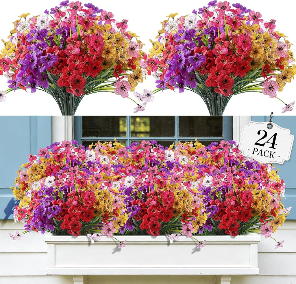 AGIRL 24 Bundles Artificial Flowers for Outdoor,Fake Flowers No Fade Plastic Faux Plants for Decoration Hanging Planters Outdoor&Indoor Garden Patio Porch Window Party Farmhouse
