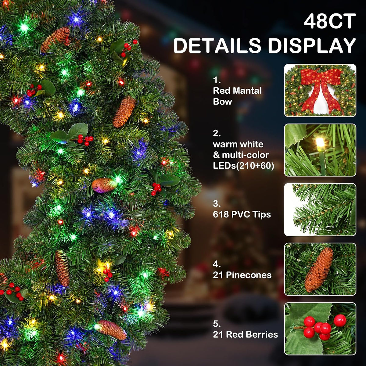 shareconn 48inch large artificial prelit christmas wreath for, side view