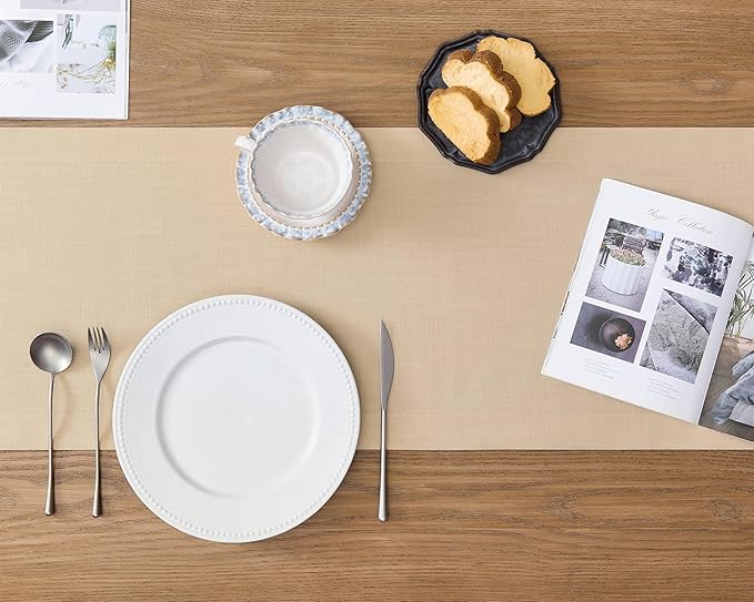 ZeeMart Linen Textured Border Table Runner, 14 x 60 Inch Oatmeal, Farmhouse Style Beige Table Runners 60 Inches Long, Easy Care Everyday Polyester Table Runner